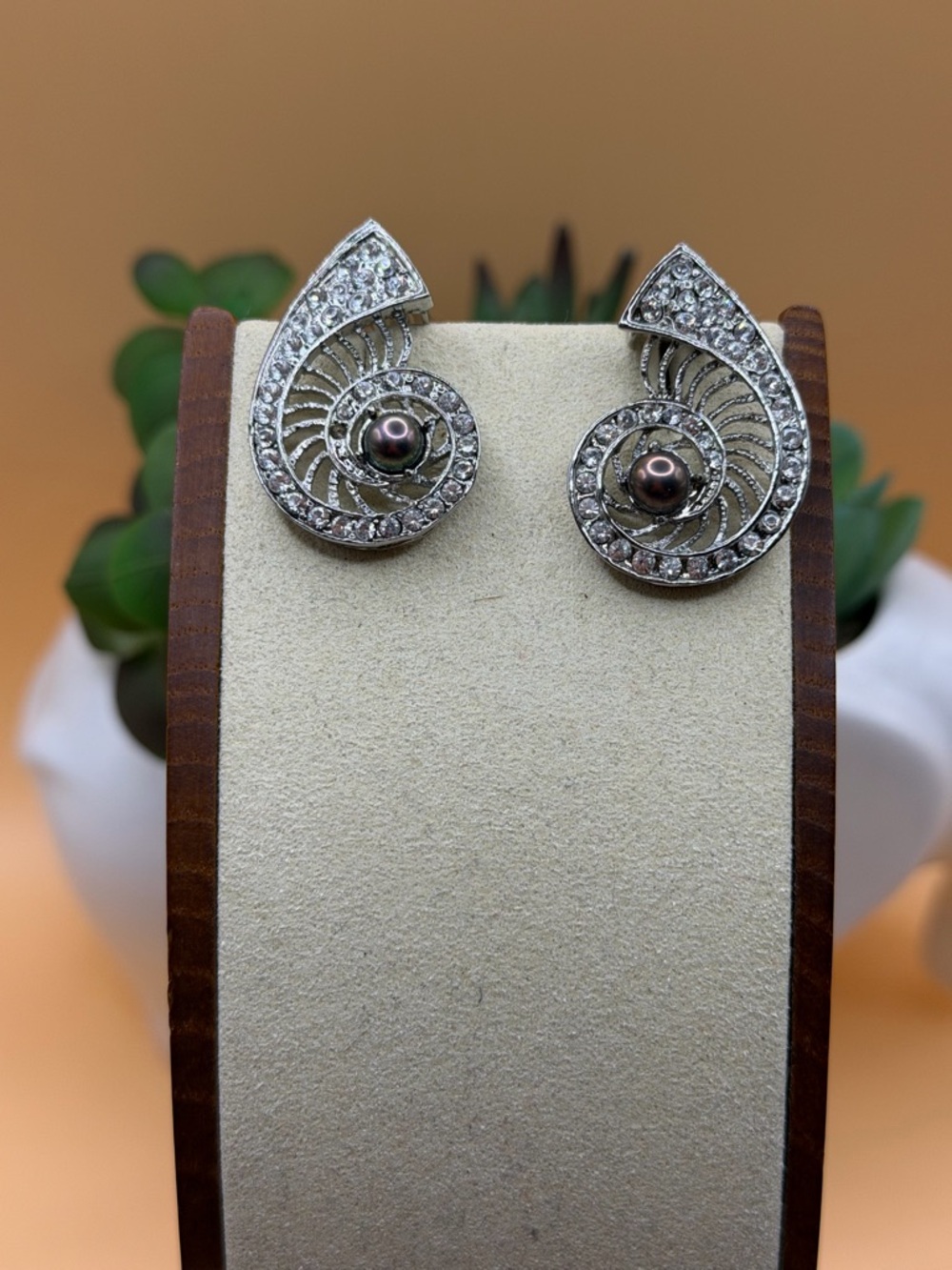 Silver Spiral Crystal clip on vintage Earrings with Dark Pearl Accent